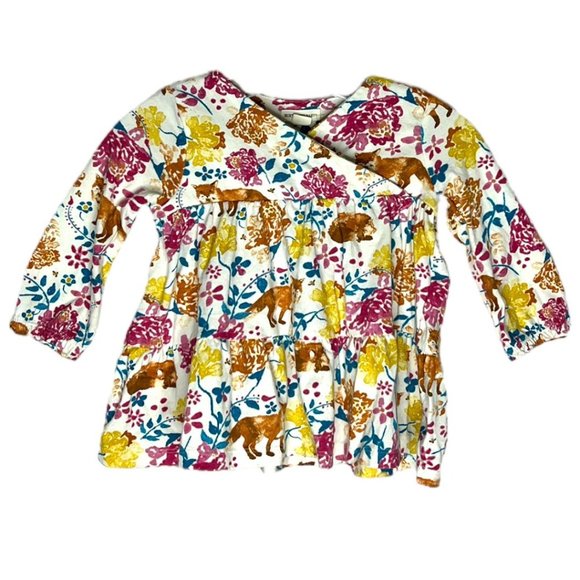Burts BeesTop Baby Girls 6 to 9 months White Multi Floral Fox‎ Nature Boho - Picture 1 of 6